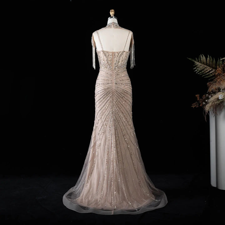 DreamyVow SS184 champagne high neck beaded mermaid evening dress full back