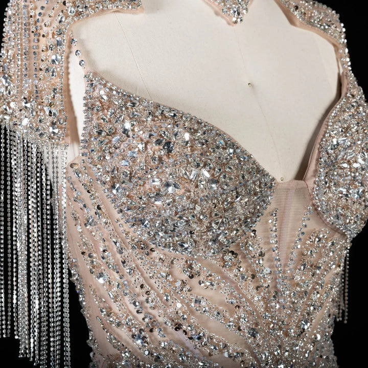 DreamyVow SS184 champagne high neck beaded mermaid evening dress close-up