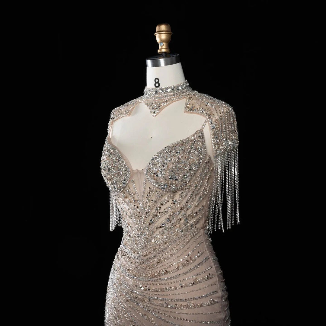 DreamyVow SS184 champagne high neck beaded mermaid evening dress side detail