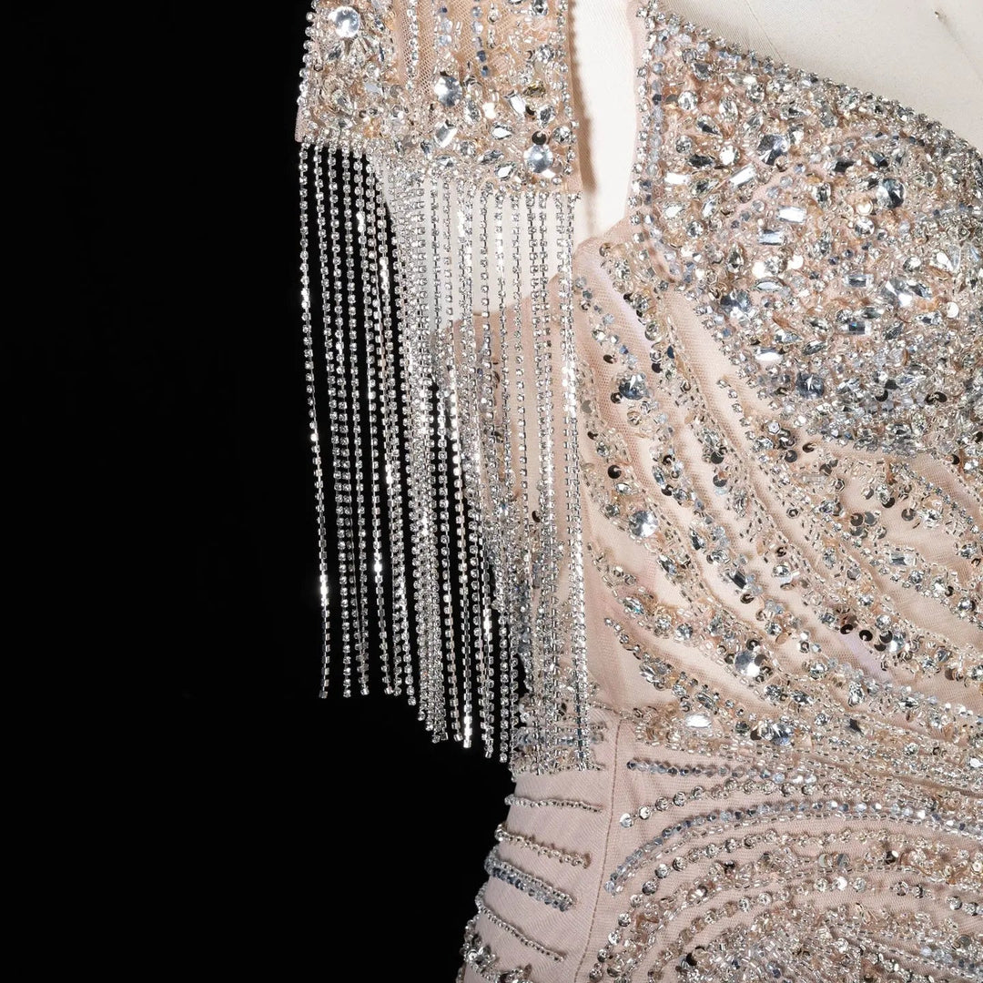 DreamyVow SS184 champagne high neck beaded mermaid evening dress beading detail