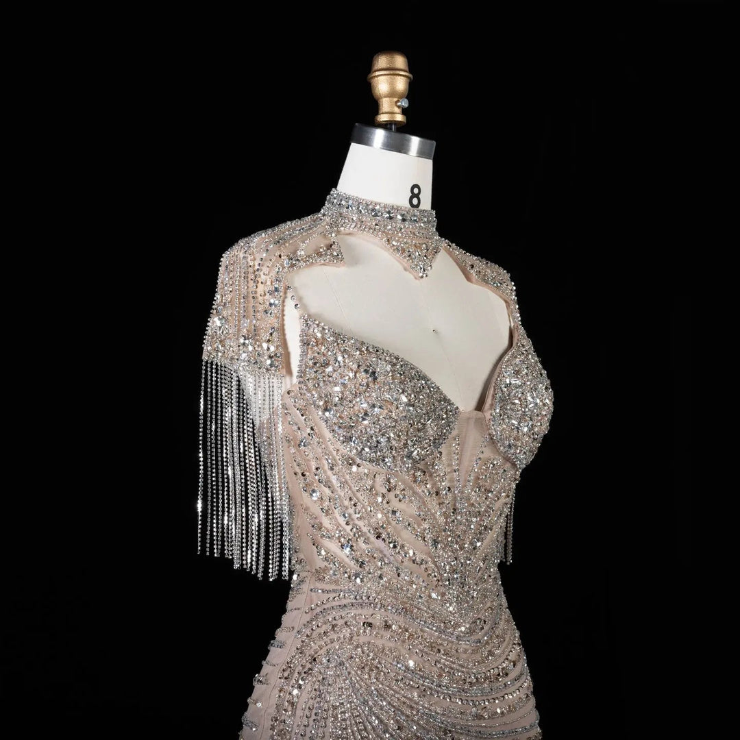 DreamyVow SS184 champagne high neck beaded mermaid evening dress bodice