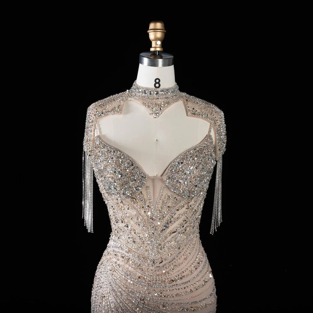 DreamyVow SS184 champagne high neck beaded mermaid evening dress front detail
