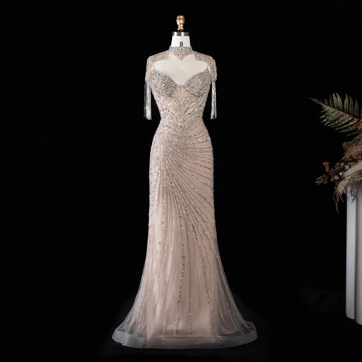 DreamyVow SS184 champagne high neck beaded mermaid evening dress full front
