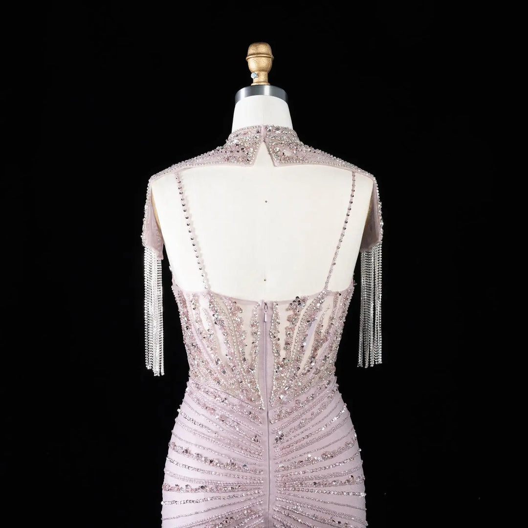 DreamyVow SS184 pink high neck beaded mermaid evening dress back detail