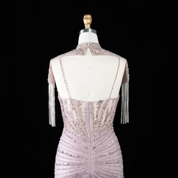 DreamyVow SS184 pink high neck beaded mermaid evening dress back detail