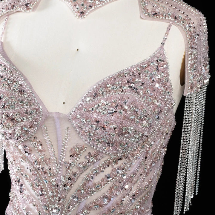 DreamyVow SS184 pink high neck beaded mermaid evening dress close-up