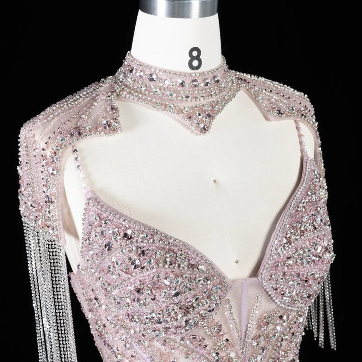 DreamyVow SS184 pink high neck beaded mermaid evening dress neckline detail