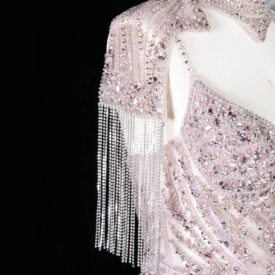 DreamyVow SS184 pink high neck beaded mermaid evening dress beading detail