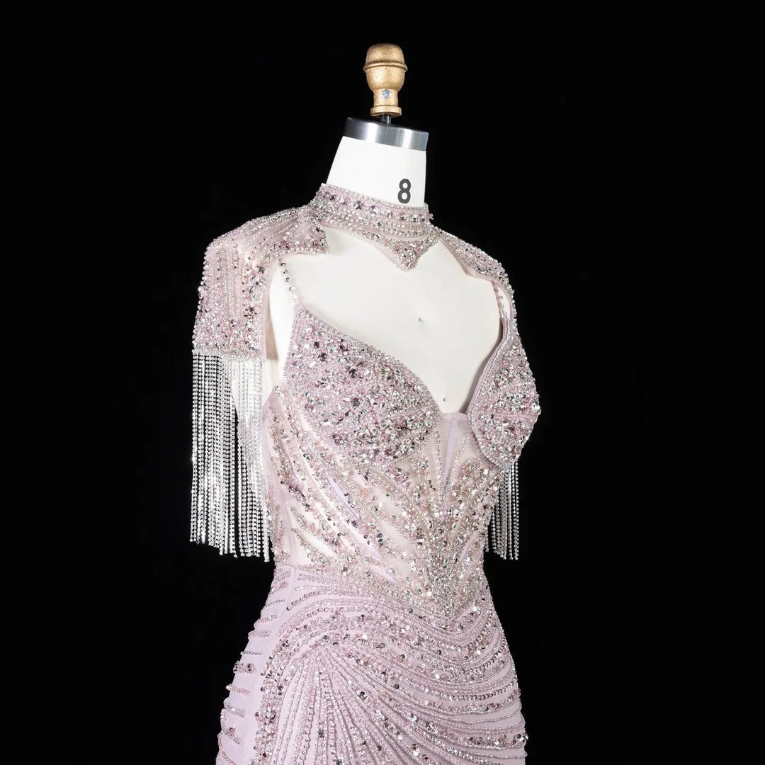 DreamyVow SS184 pink high neck beaded mermaid evening dress side detail