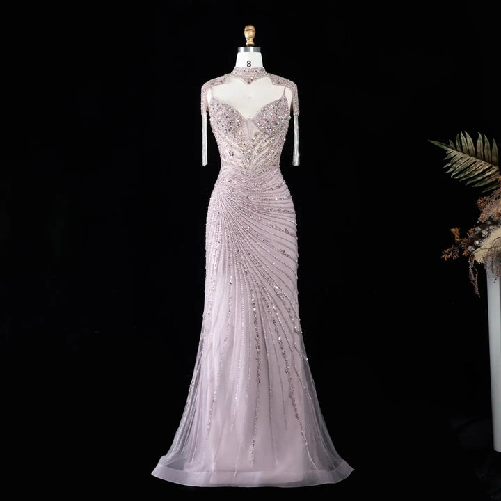 DreamyVow SS184 pink high neck beaded mermaid evening dress full front