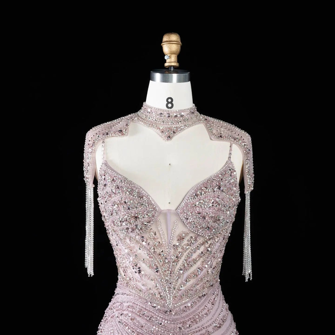 DreamyVow SS184 pink high neck beaded mermaid evening dress front detail