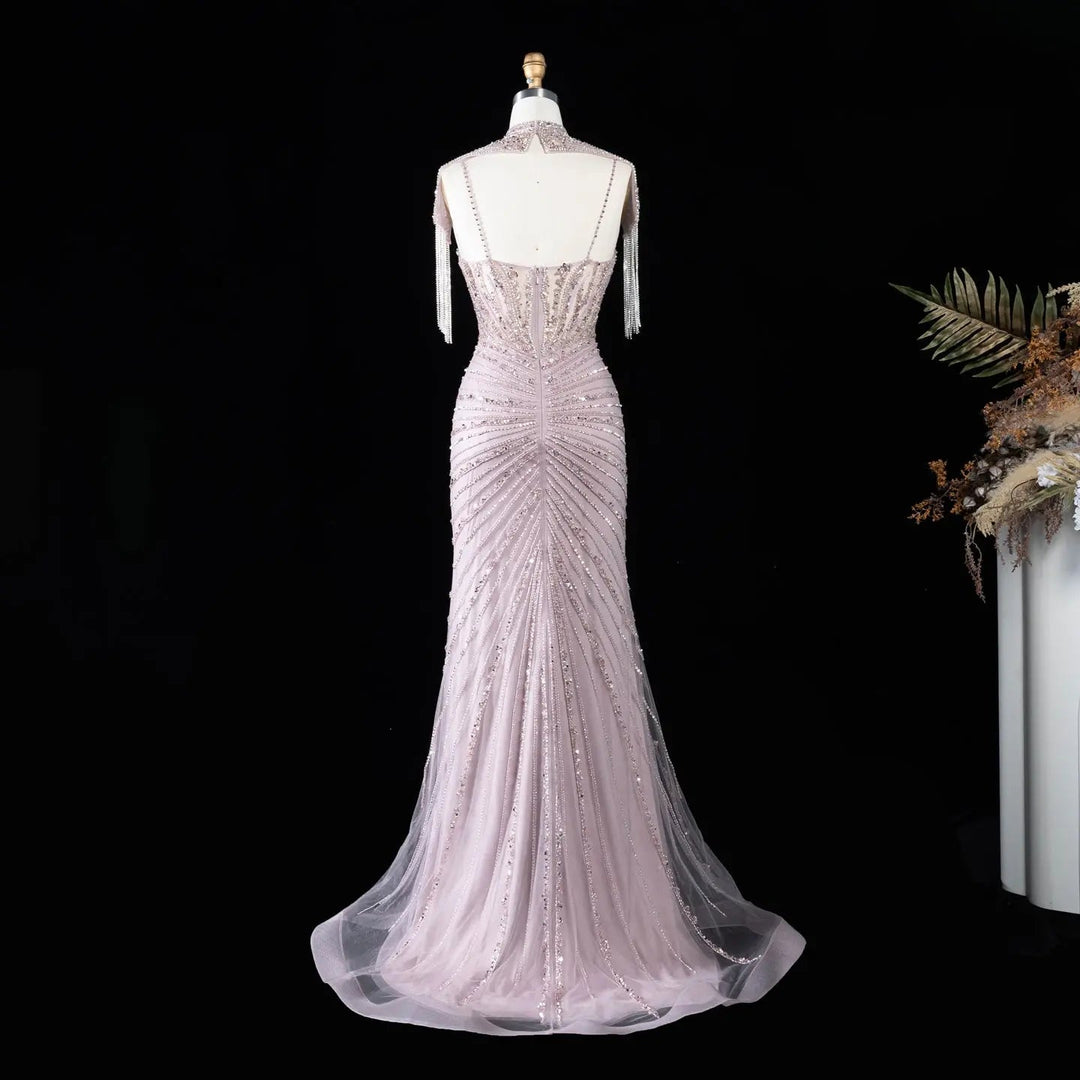 DreamyVow SS184 pink high neck beaded mermaid evening dress full back