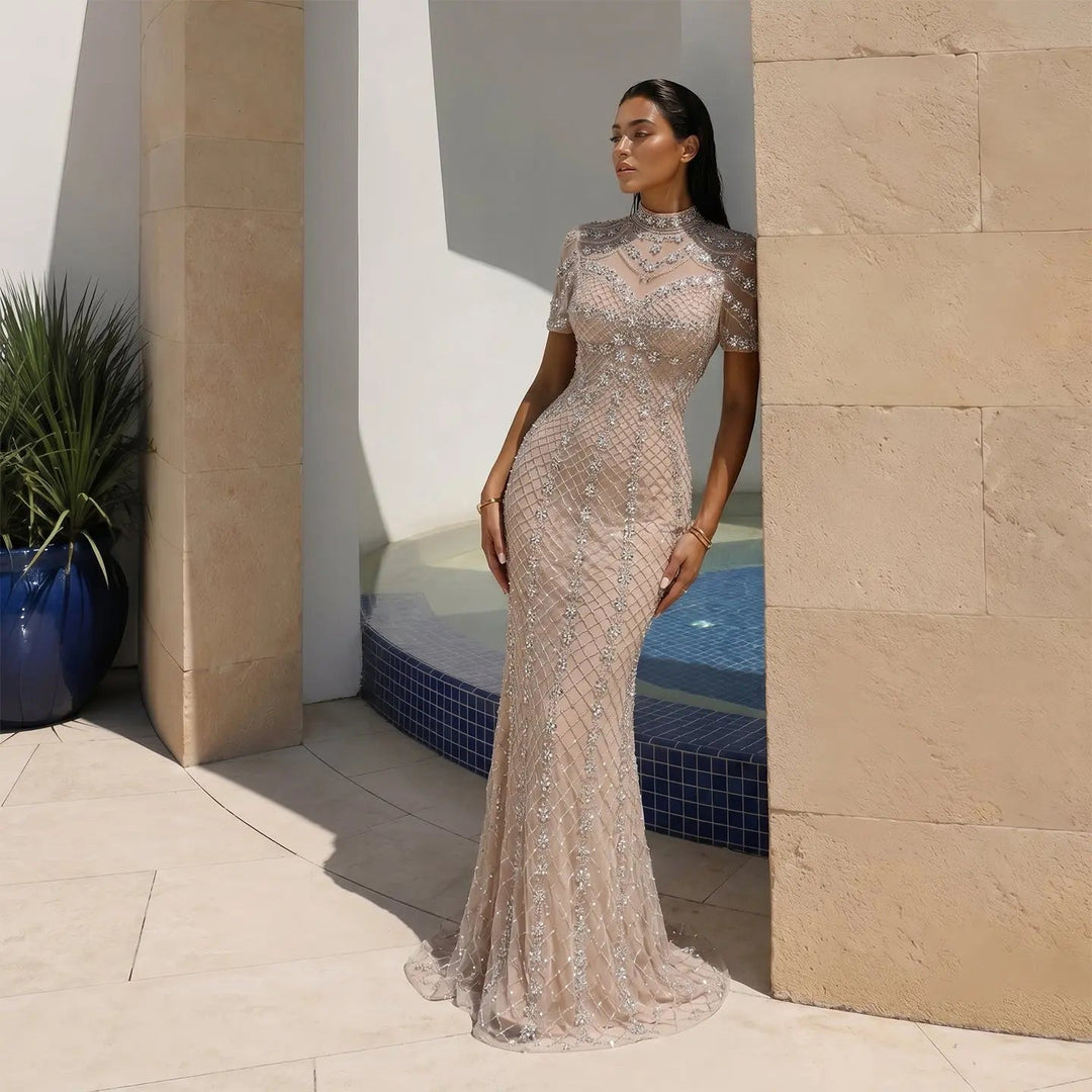 DreamyVow SS185 champagne rhinestone beaded mermaid evening dress on model