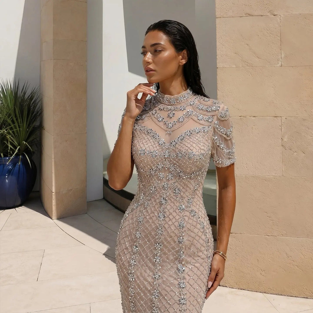 DreamyVow SS185 champagne rhinestone beaded mermaid evening dress model detail