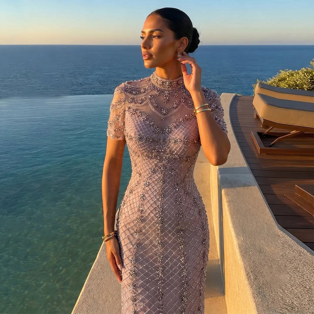 DreamyVow SS185 pink rhinestone beaded mermaid evening dress model detail