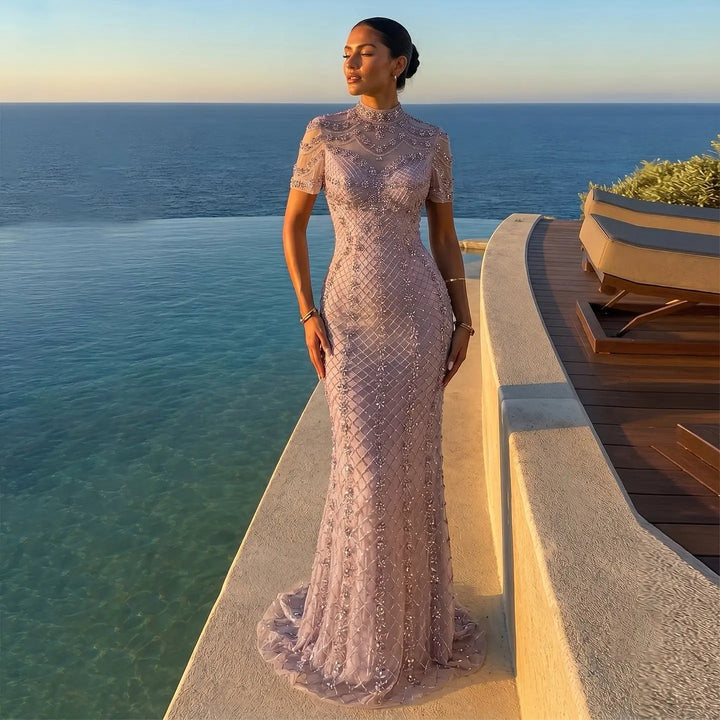 DreamyVow SS185 pink rhinestone beaded mermaid evening dress on model
