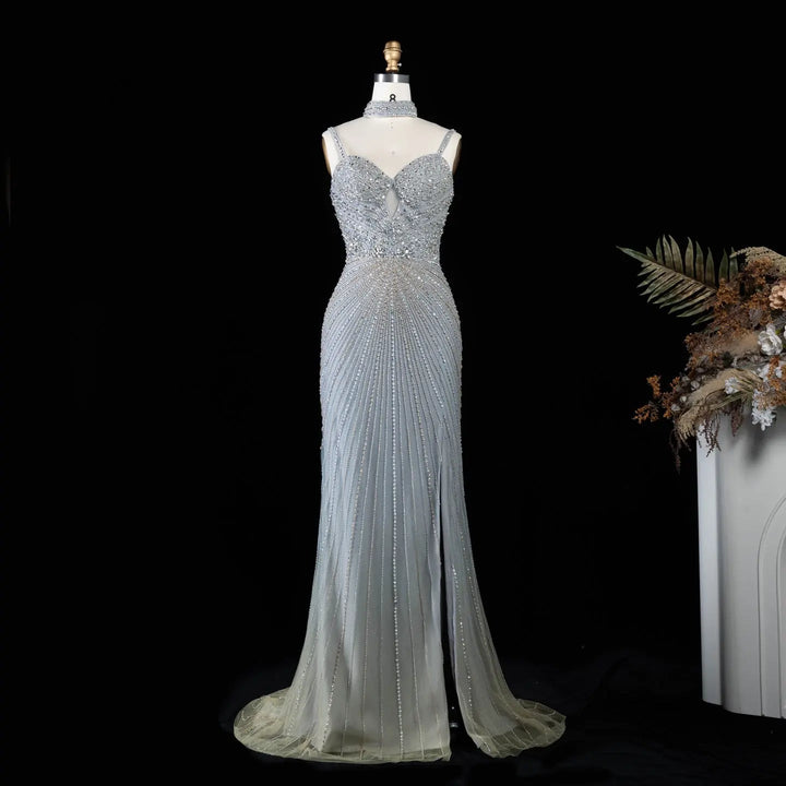 DreamyVow Gradient Gray beaded sheath gown with high slit and choker detail Evening Dress Prom Dress SS188