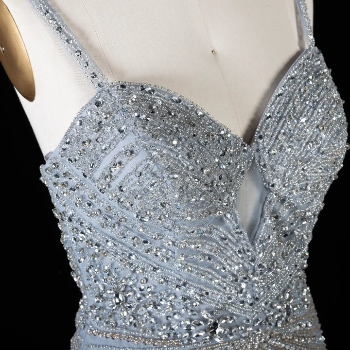 DreamyVow Gradient Gray beaded sheath gown with high slit and choker detail Evening Dress Prom Dress SS188