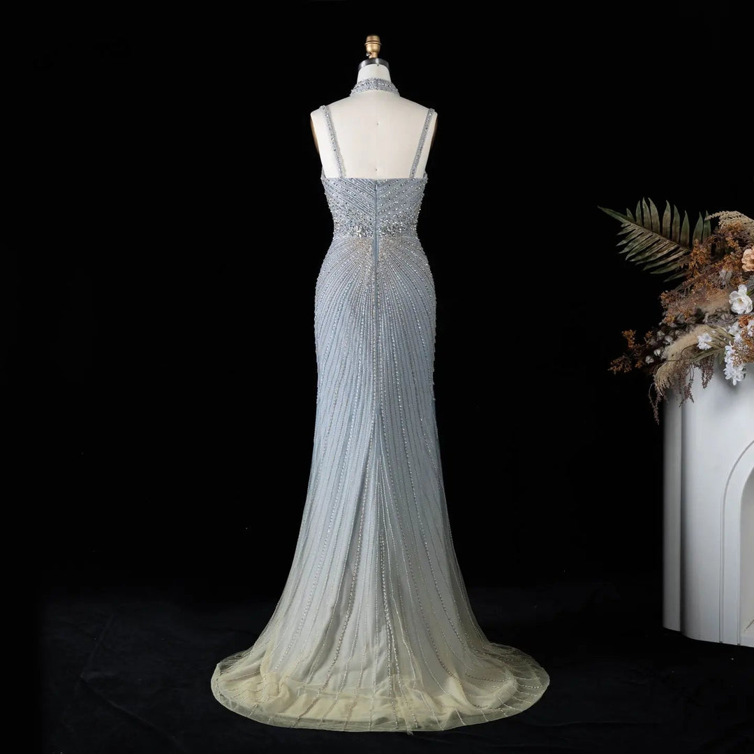 DreamyVow Gradient Gray beaded sheath gown with high slit and choker detail Evening Dress Prom Dress SS188