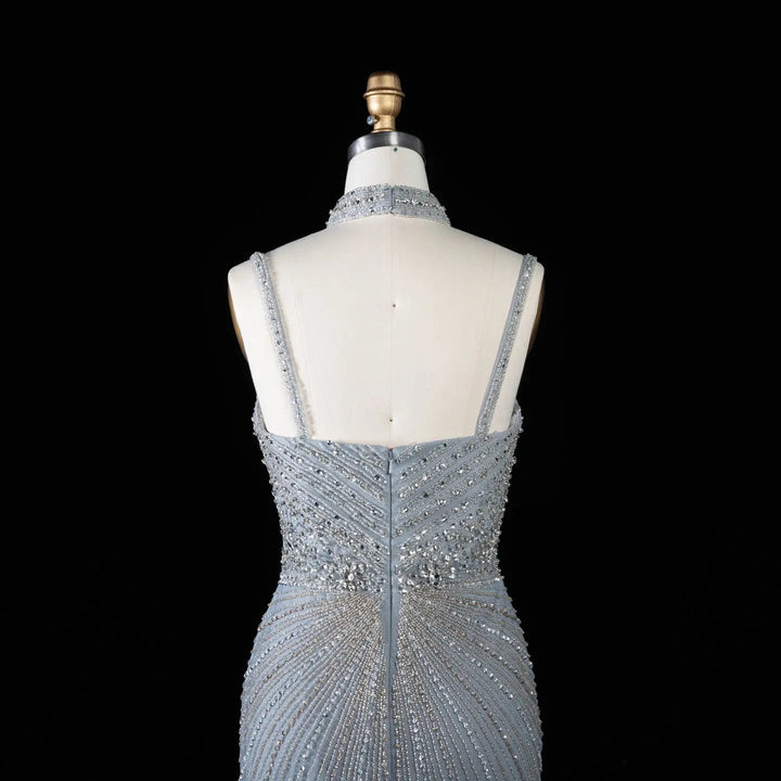 DreamyVow Gradient Gray beaded sheath gown with high slit and choker detail Evening Dress Prom Dress SS188