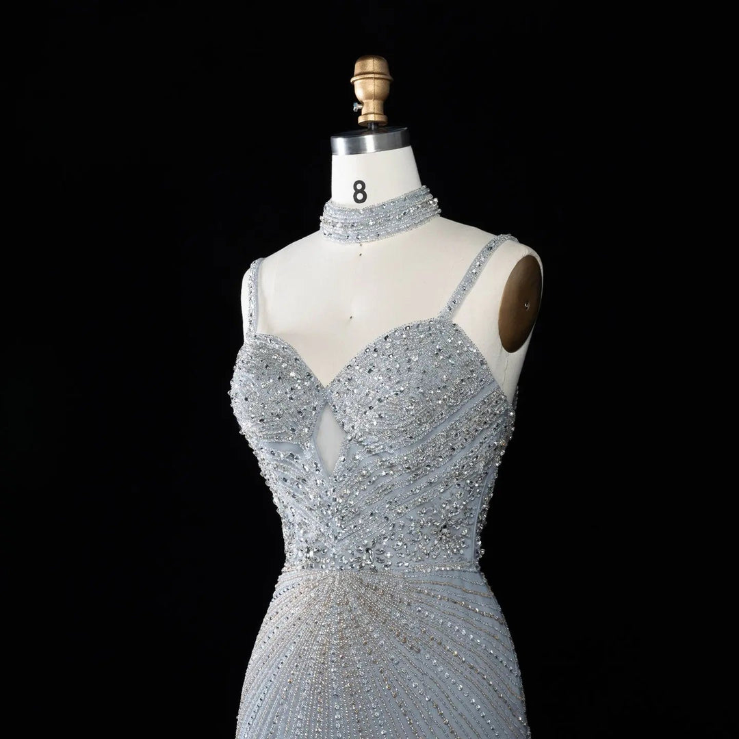 DreamyVow Gradient Gray beaded sheath gown with high slit and choker detail Evening Dress Prom Dress SS188
