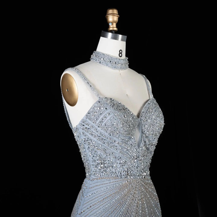 DreamyVow Gradient Gray beaded sheath gown with high slit and choker detail Evening Dress Prom Dress SS188