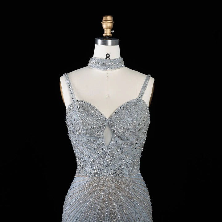 DreamyVow Gradient Gray beaded sheath gown with high slit and choker detail Evening Dress Prom Dress SS188