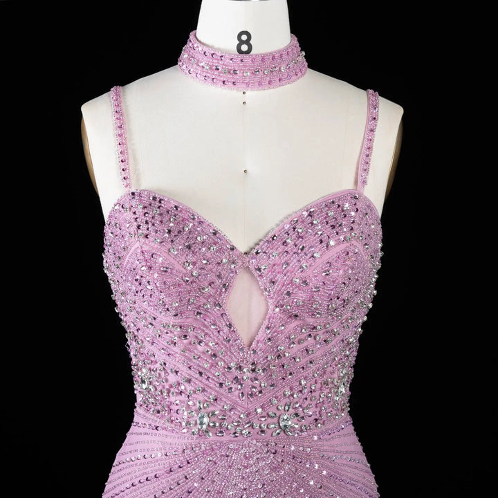 DreamyVow Pink beaded sheath gown with high slit and choker detail Evening Dress Prom Dress SS188