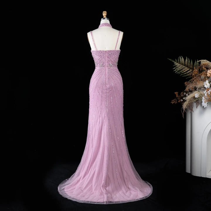 DreamyVow Pink beaded sheath gown with high slit and choker detail Evening Dress Prom Dress SS188