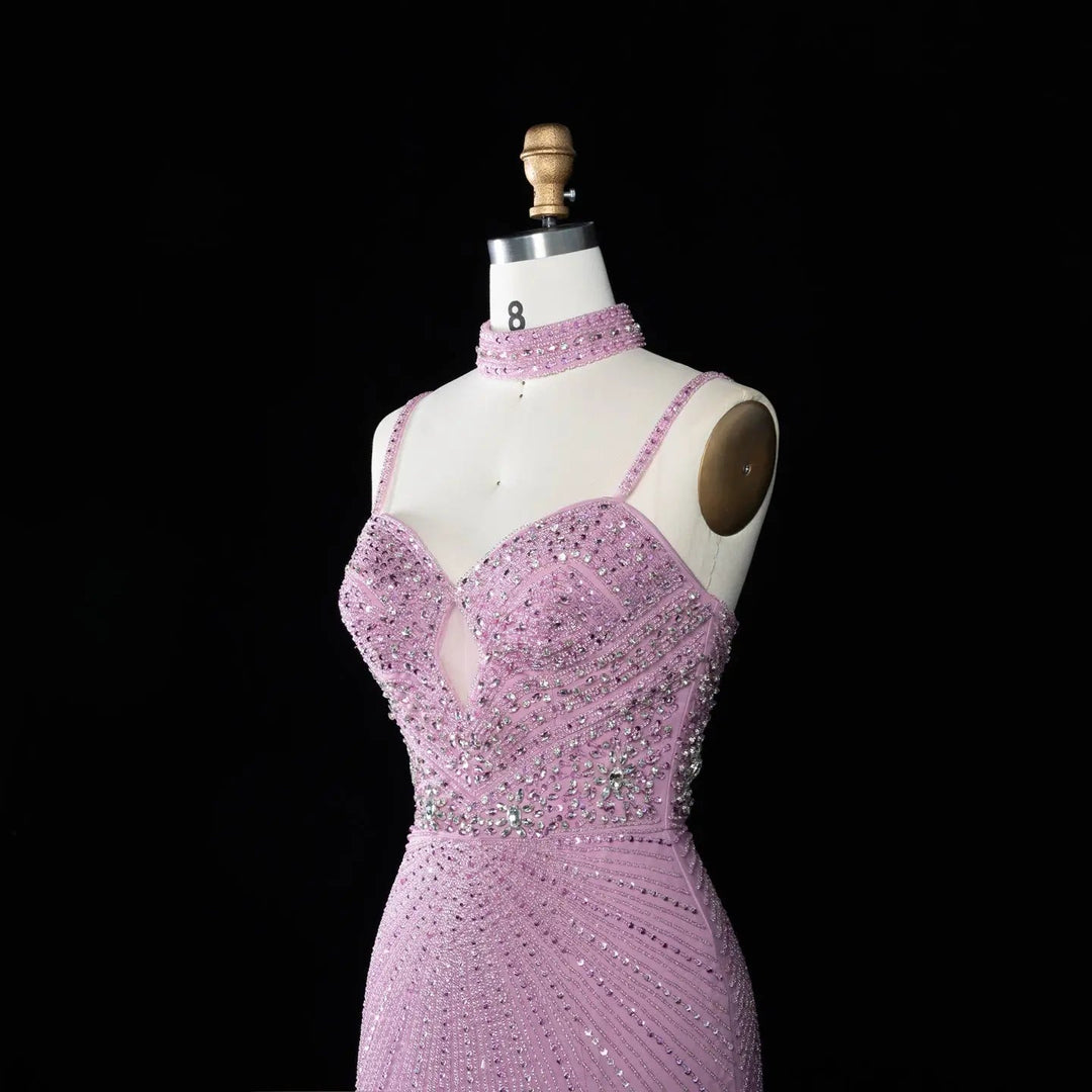 DreamyVow Pink beaded sheath gown with high slit and choker detail Evening Dress Prom Dress SS188