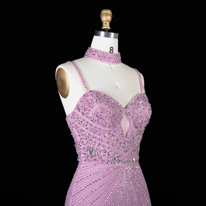 DreamyVow Pink beaded sheath gown with high slit and choker detail Evening Dress Prom Dress SS188