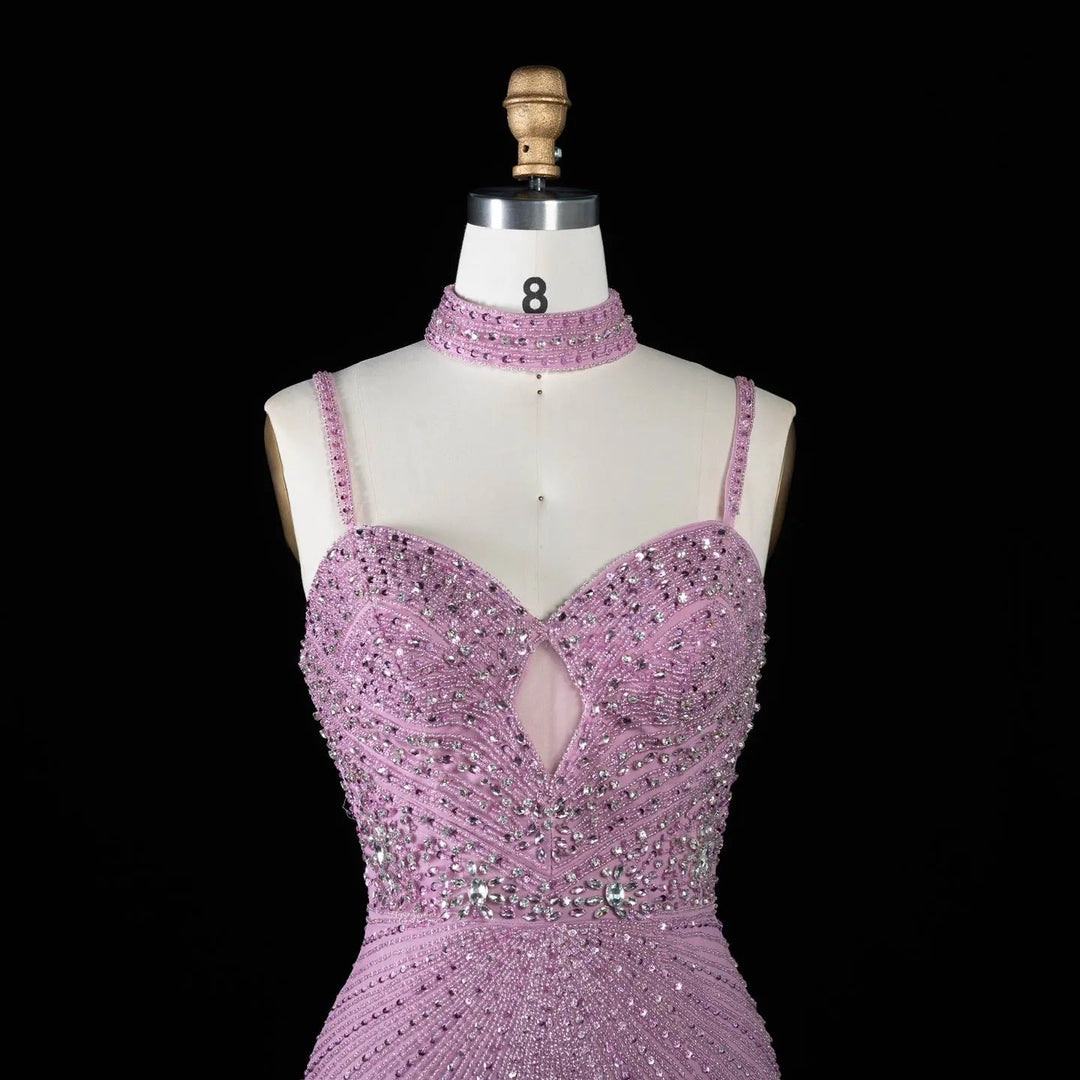 DreamyVow Pink beaded sheath gown with high slit and choker detail Evening Dress Prom Dress SS188