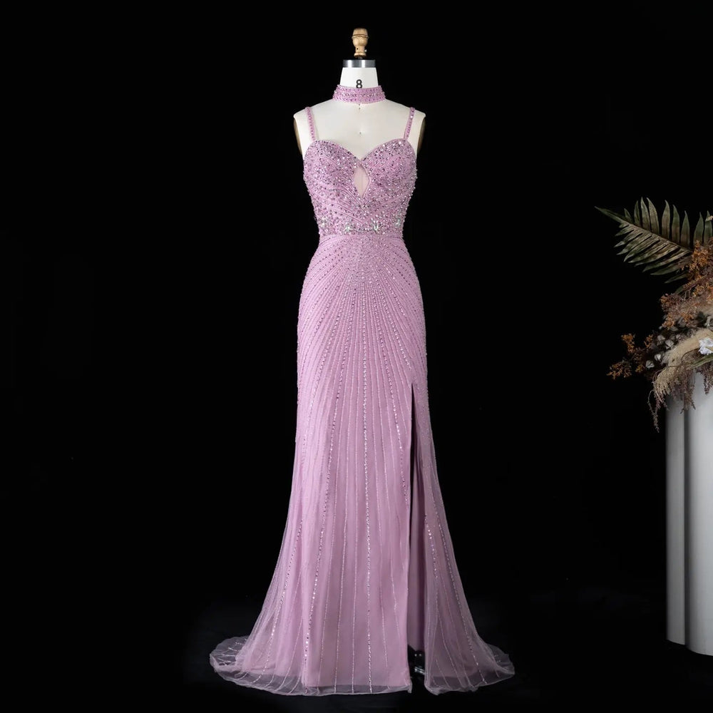 DreamyVow Pink beaded sheath gown with high slit and choker detail Evening Dress Prom Dress SS188