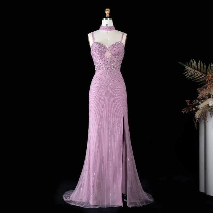 DreamyVow Pink beaded sheath gown with high slit and choker detail Evening Dress Prom Dress SS188