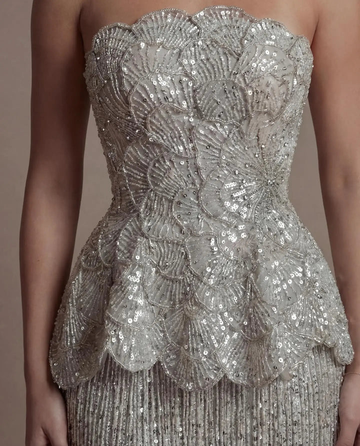 DreamyVow Gray strapless beaded peplum fringe sheath Evening Dress Prom Dress SS370