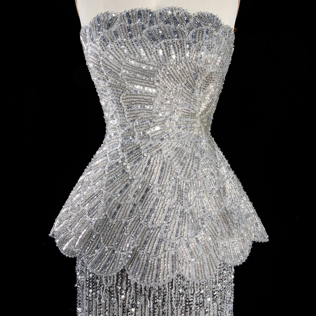 DreamyVow Gray strapless beaded peplum fringe sheath Evening Dress Prom Dress SS370