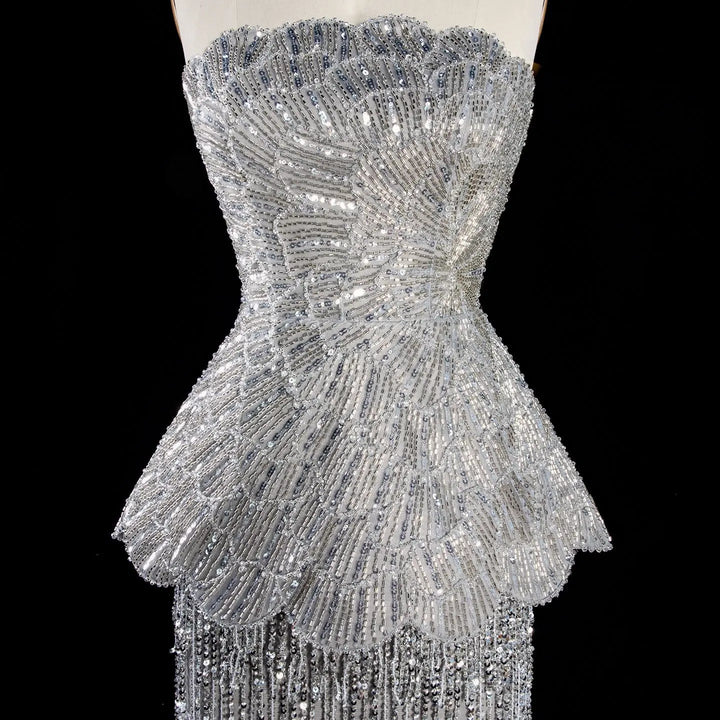 DreamyVow Gray strapless beaded peplum fringe sheath Evening Dress Prom Dress SS370