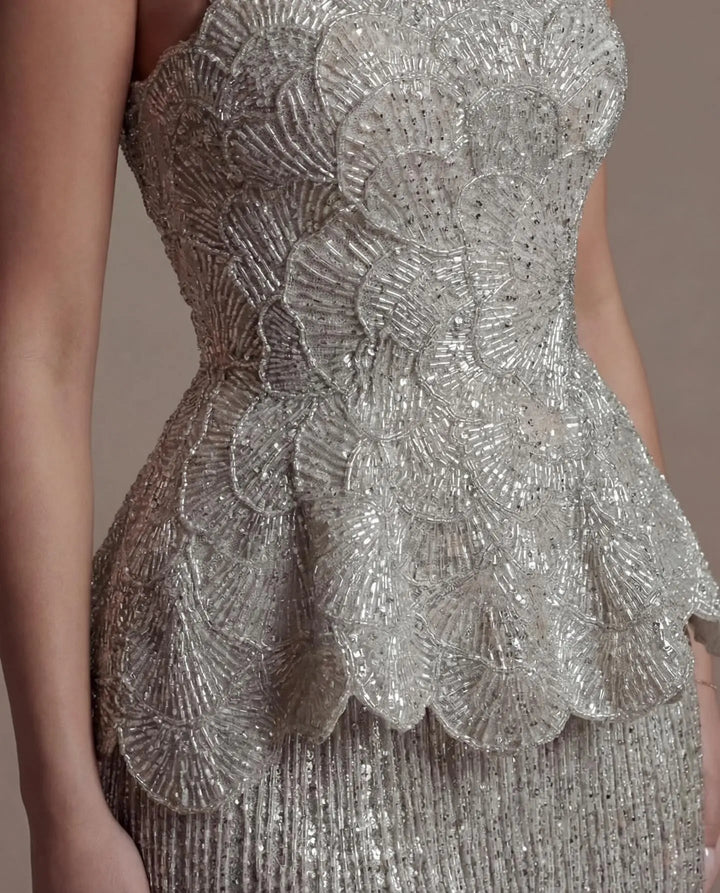DreamyVow Gray strapless beaded peplum fringe sheath Evening Dress Prom Dress SS370