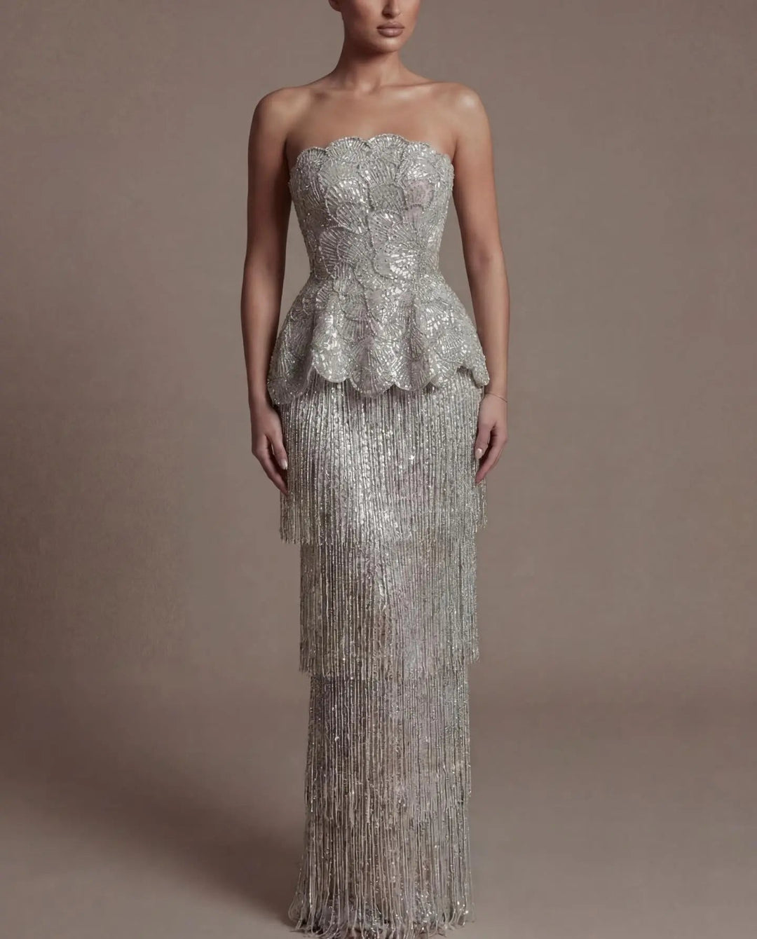 DreamyVow Gray strapless beaded peplum fringe sheath Evening Dress Prom Dress SS370