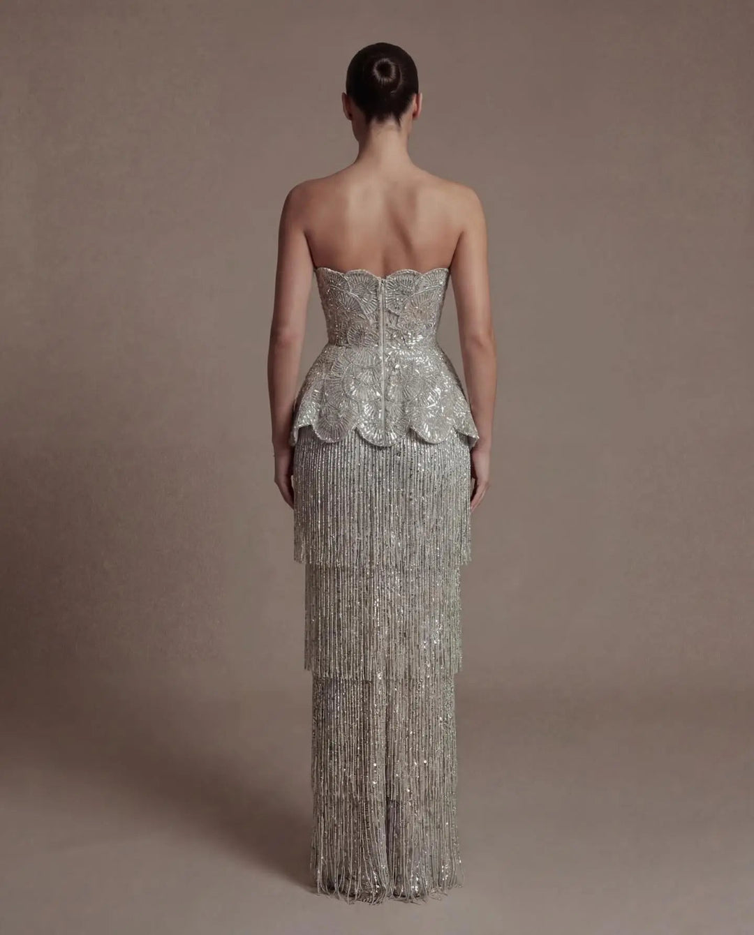 DreamyVow Gray strapless beaded peplum fringe sheath Evening Dress Prom Dress SS370