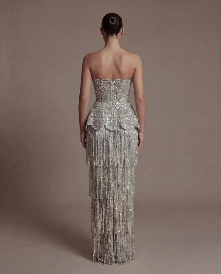 DreamyVow Gray strapless beaded peplum fringe sheath Evening Dress Prom Dress SS370