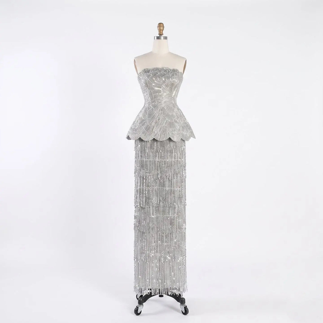 DreamyVow Gray strapless beaded peplum fringe sheath Evening Dress Prom Dress SS370