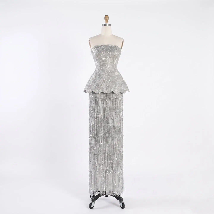 DreamyVow Gray strapless beaded peplum fringe sheath Evening Dress Prom Dress SS370