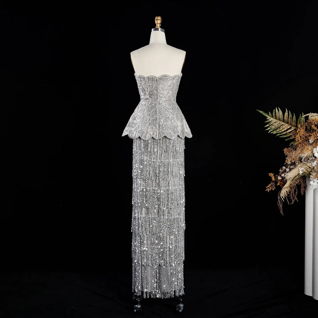 DreamyVow Gray strapless beaded peplum fringe sheath Evening Dress Prom Dress SS370