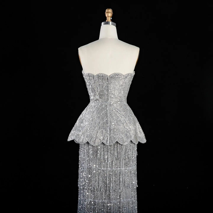 DreamyVow Gray strapless beaded peplum fringe sheath Evening Dress Prom Dress SS370