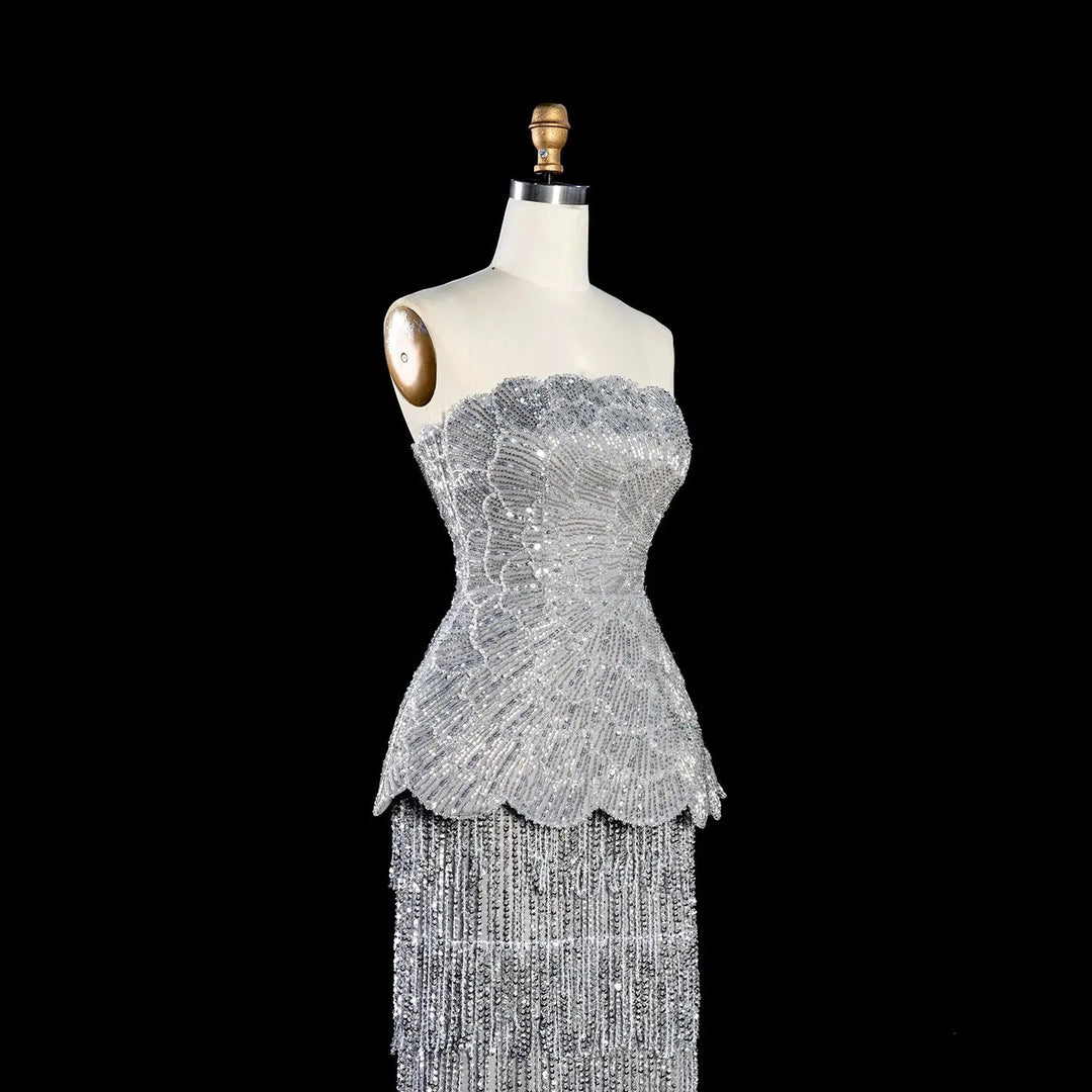 DreamyVow Gray strapless beaded peplum fringe sheath Evening Dress Prom Dress SS370