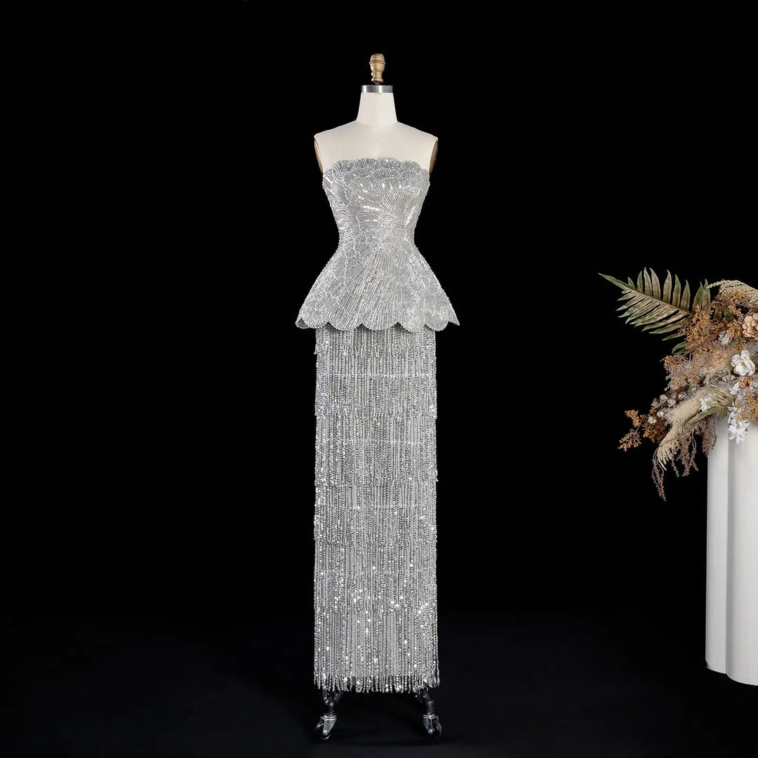DreamyVow Gray strapless beaded peplum fringe sheath Evening Dress Prom Dress SS370