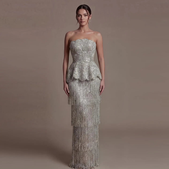 DreamyVow Gray strapless beaded peplum fringe sheath Evening Dress Prom Dress SS370
