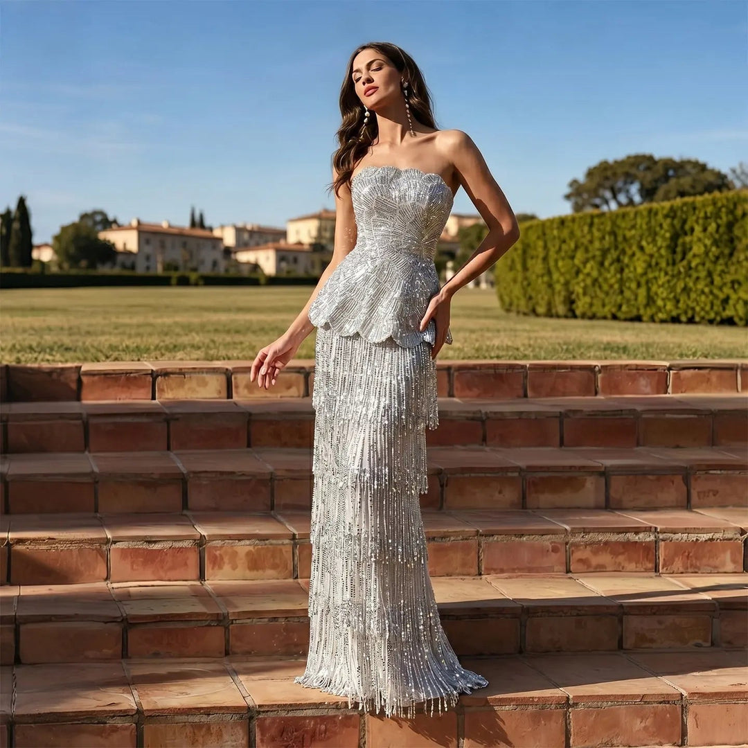 DreamyVow Gray strapless beaded peplum fringe sheath Evening Dress Prom Dress SS370