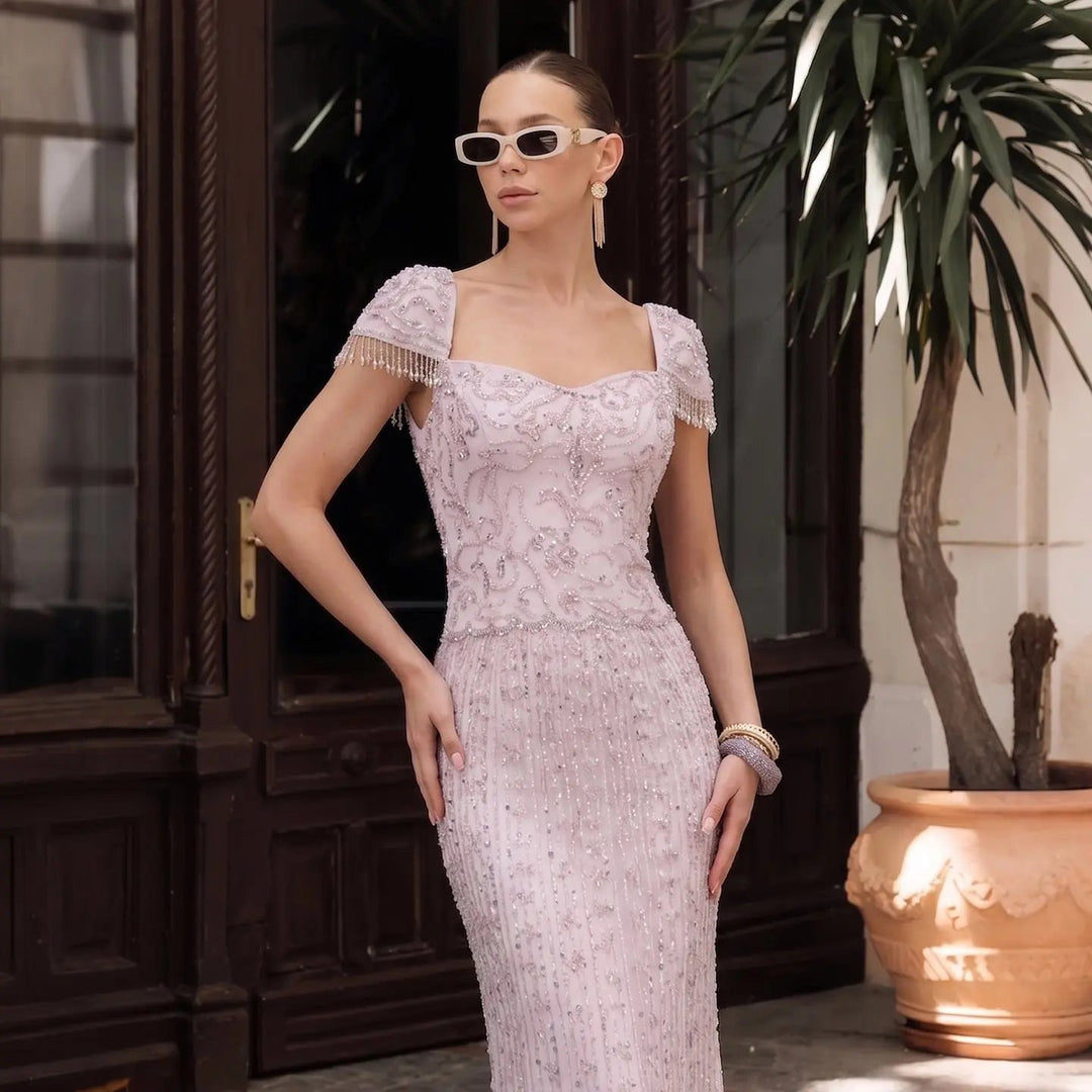 DreamyVow Pink beaded puff sleeve sheath Evening Dress Prom Dress SS389
